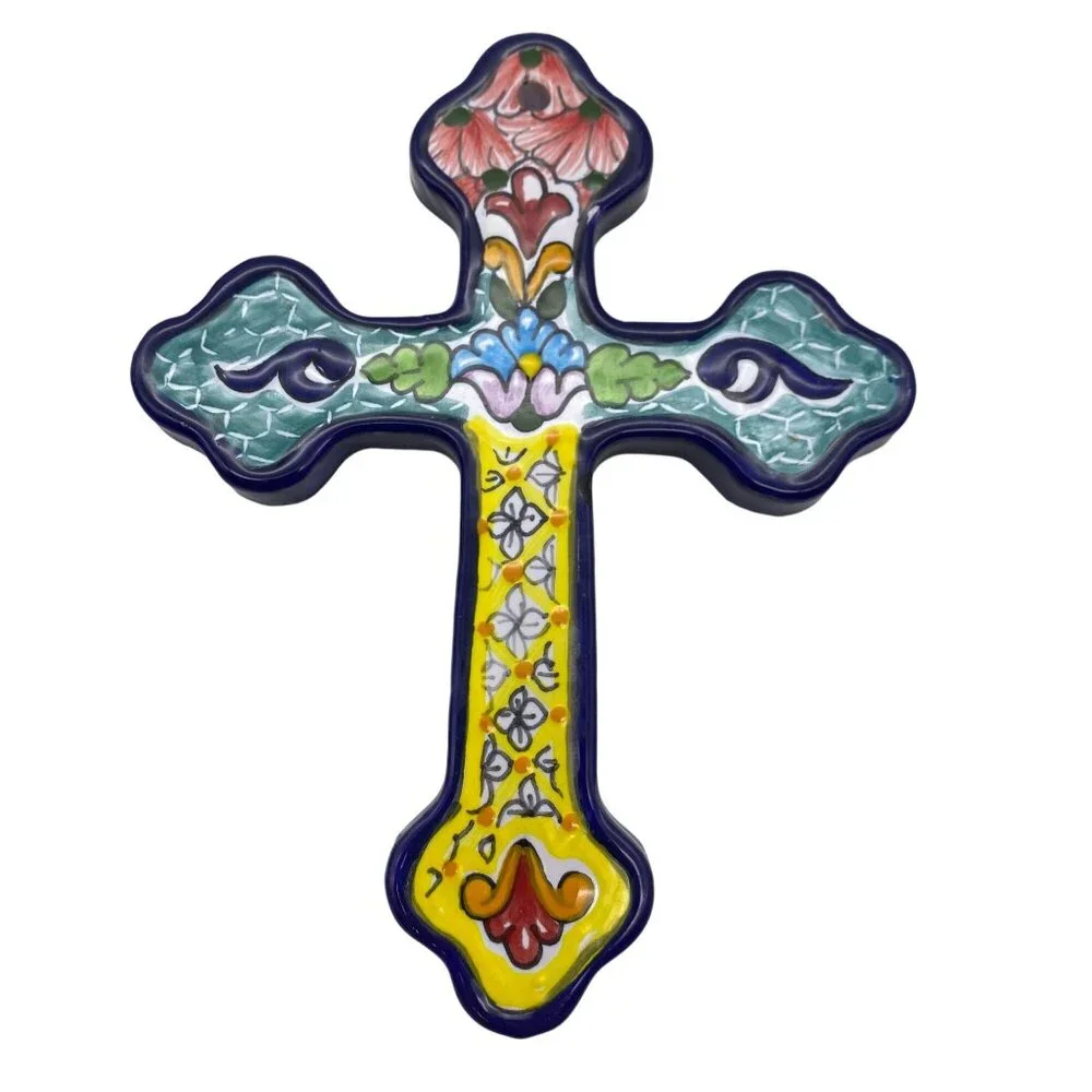 Ceramic hand made hanging cross ornaments hand painted Mexican‎ pottery